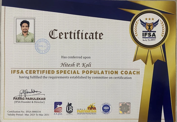IFSA Certified Special Population Coach certificate awarded to Hitesh P. Koli